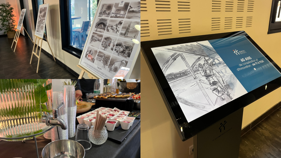 Montage photo avec en haut à gauche une exposition d'illustration signée Pierre-Yves Cézard du livre retraçant l'histoire de TT Géomètres Experts, en bas à gauche le buffet de l'événement afterwork RSE et à droite une borne tactile avec un module digital sur le livre TT Géomètres Experts.