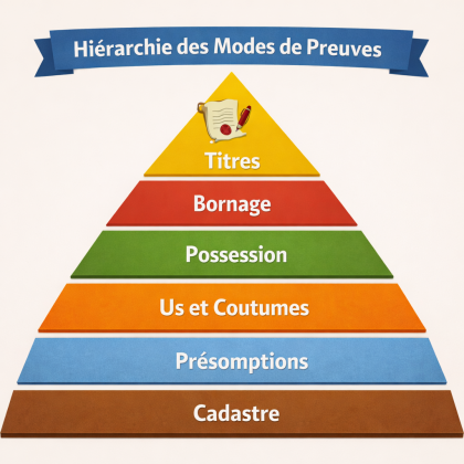 Hiérarchie des modes de preuve : titres, bornage, possession, us et coutumes, présomptions, cadastre