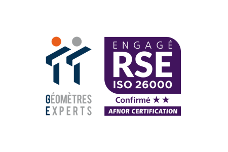 Logo TT Géomètres Experts et Label Engagé RSE ISO 26000 de l'AFNOR niveau confirmé