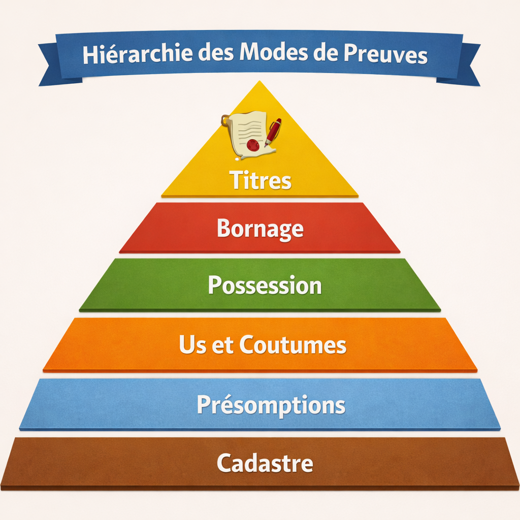 Hiérarchie des modes de preuve : titres, bornage, possession, us et coutumes, présomptions, cadastre